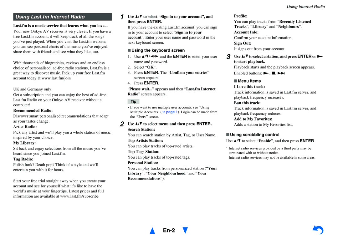 Onkyo TX-NR717 instruction manual Using Last.fm Internet Radio, Recommendations 