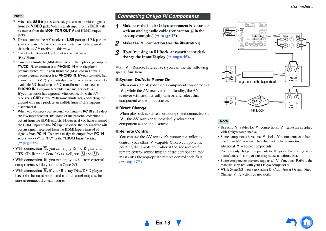 Onkyo TX-NR717 En-18, Connecting Onkyo RI Components, System On/Auto Power On, Direct Change, Remote Control 