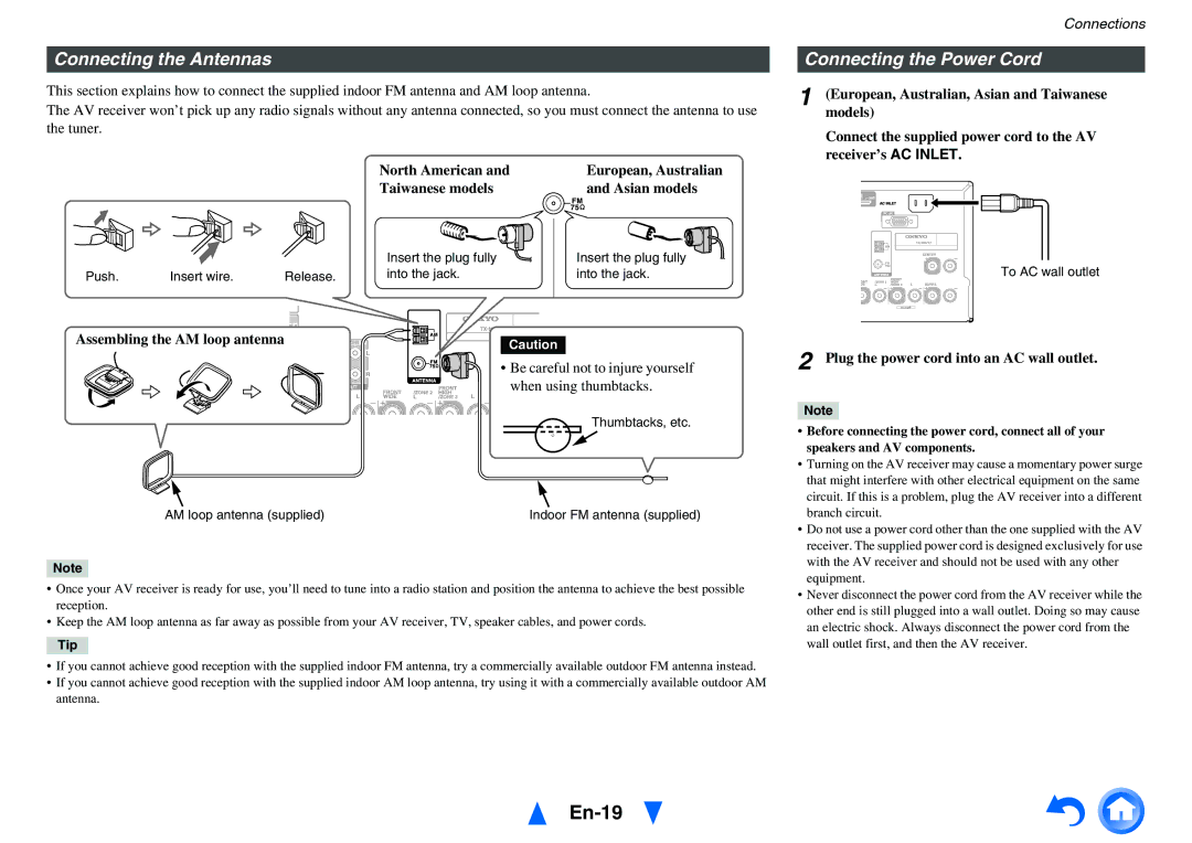 Onkyo TX-NR717 instruction manual En-19, Connecting the Antennas, Connecting the Power Cord 