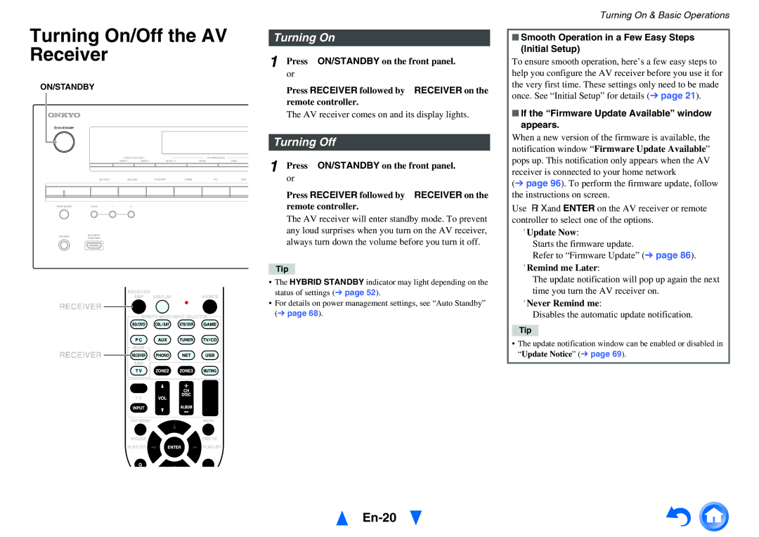 Onkyo TX-NR717 instruction manual Turning On/Off the AV Receiver, En-20, Turning Off 