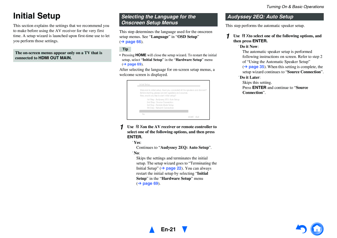 Onkyo TX-NR717 Initial Setup, En-21, Selecting the Language for the Onscreen Setup Menus, Audyssey 2EQ Auto Setup, Enter 