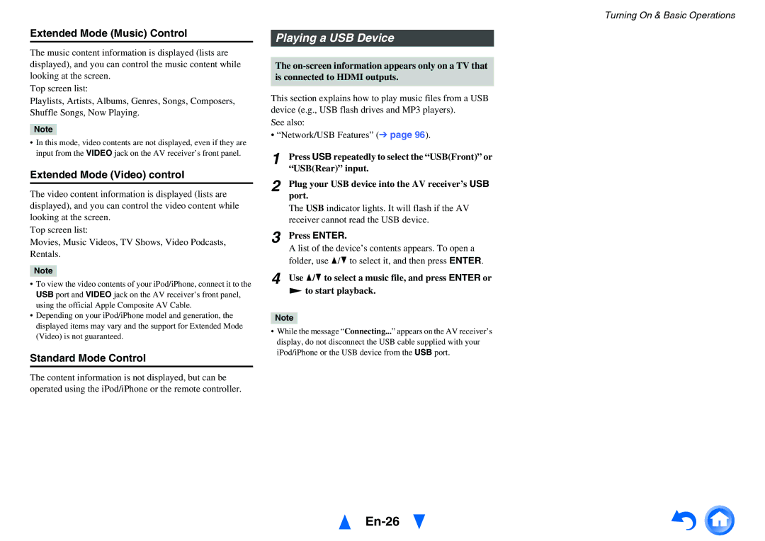 Onkyo TX-NR717 instruction manual En-26, Playing a USB Device, Extended Mode Music Control, Extended Mode Video control 