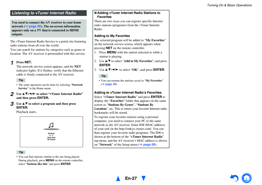 Onkyo TX-NR717 En-27, Listening to vTuner Internet Radio, Adding vTuner Internet Radio Stations to Favorites 