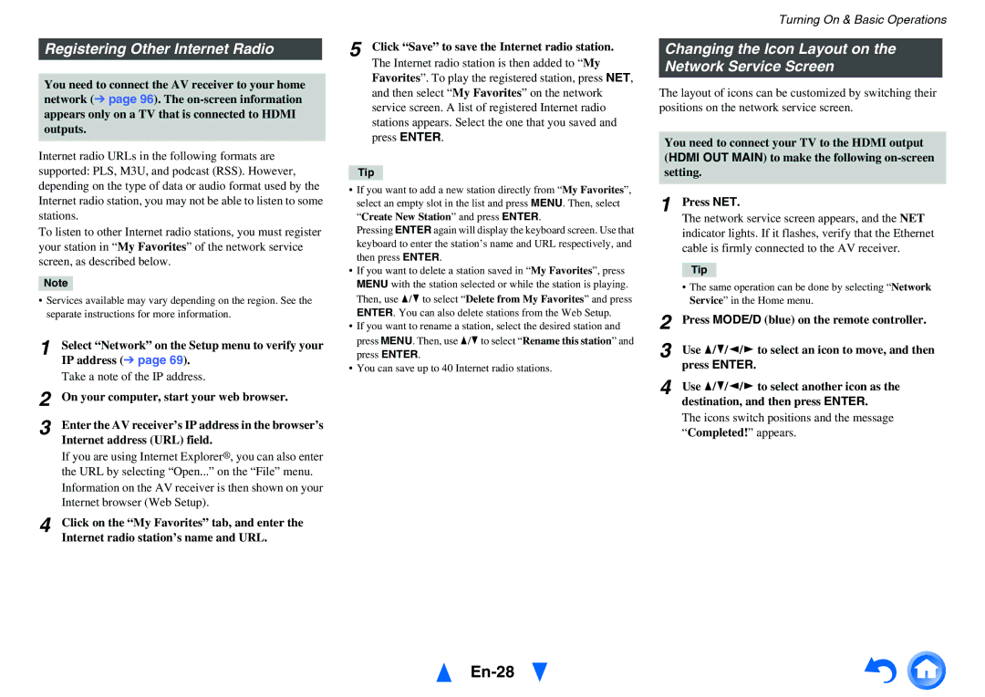 Onkyo TX-NR717 En-28, Registering Other Internet Radio, Changing the Icon Layout on the Network Service Screen 