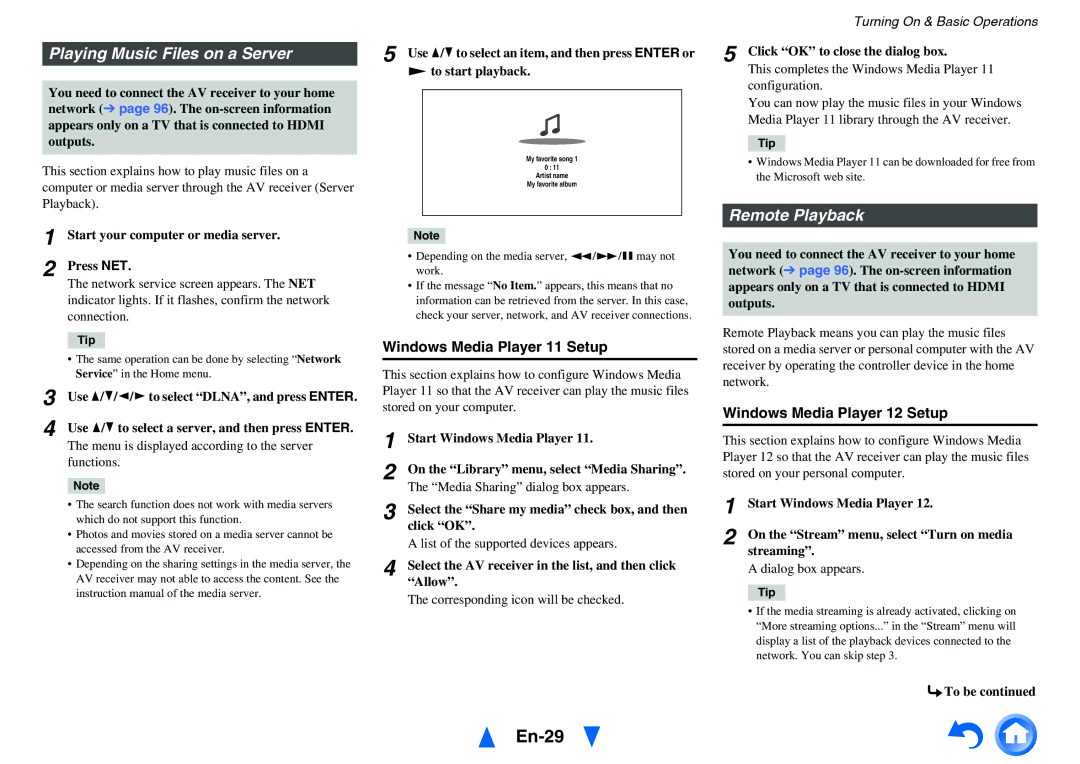 Onkyo TX-NR717 instruction manual En-29, Playing Music Files on a Server, Remote Playback, Windows Media Player 11 Setup 