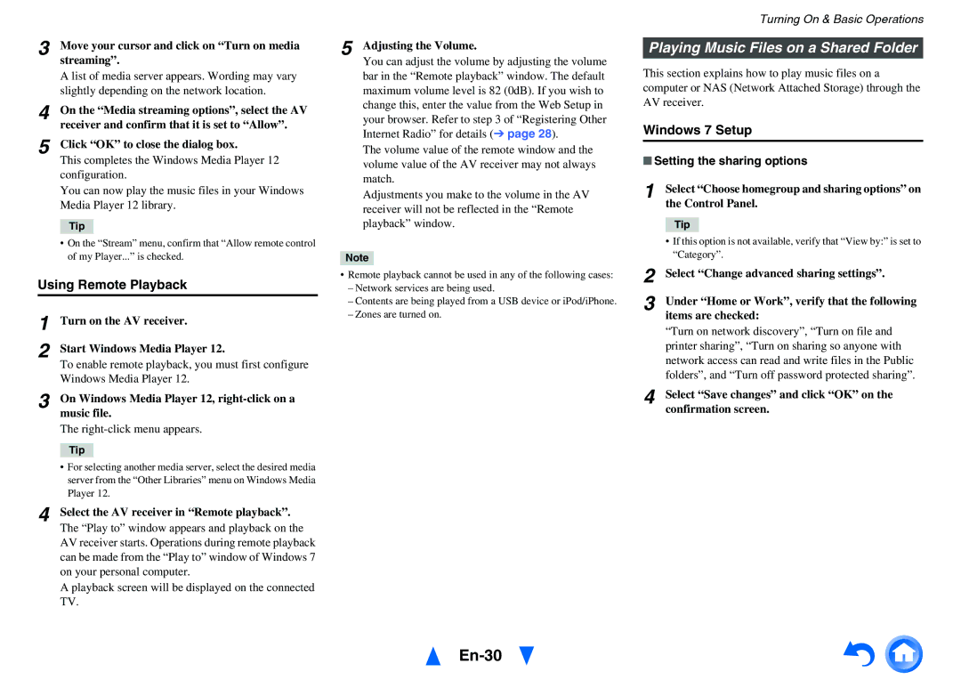 Onkyo TX-NR717 instruction manual En-30, Playing Music Files on a Shared Folder, Using Remote Playback, Windows 7 Setup 