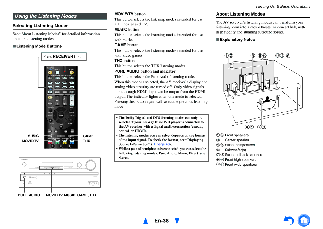 Onkyo TX-NR717 instruction manual En-38, Using the Listening Modes, Selecting Listening Modes, About Listening Modes 