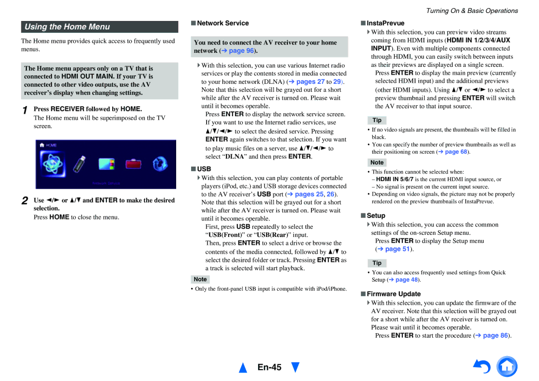 Onkyo TX-NR717 instruction manual En-45, Using the Home Menu, Usb 