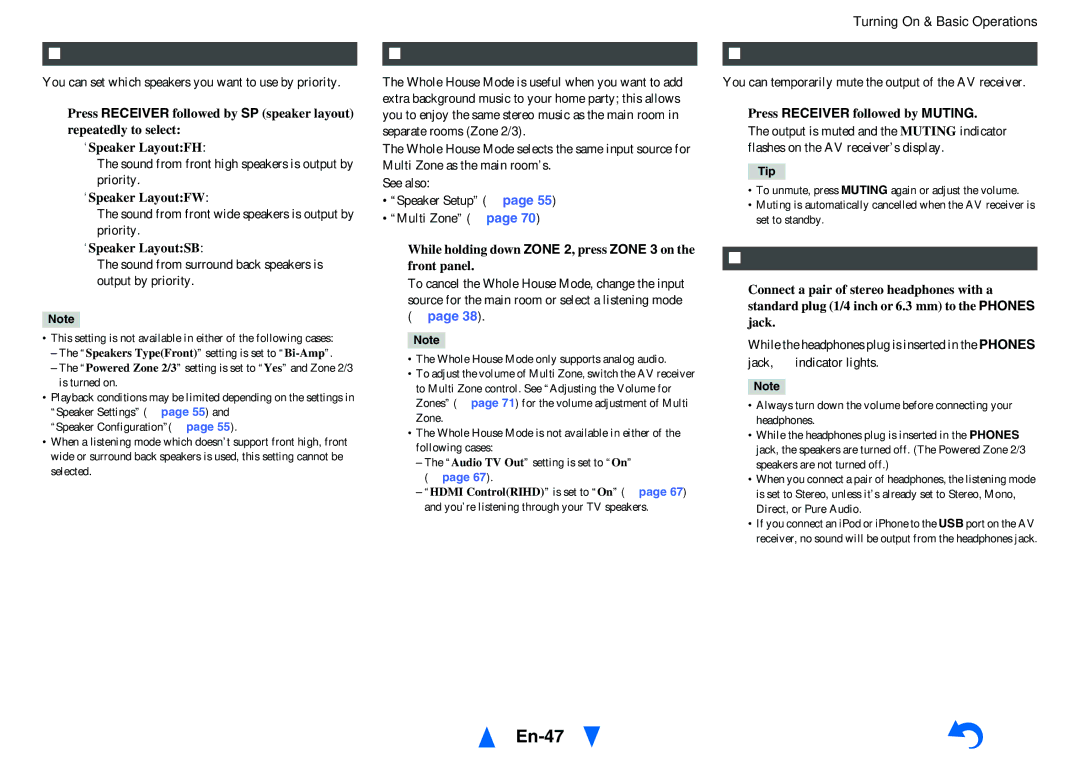 Onkyo TX-NR717 En-47, Selecting Speaker Layout, Using the Whole House Mode, Muting the AV Receiver, Using Headphones 