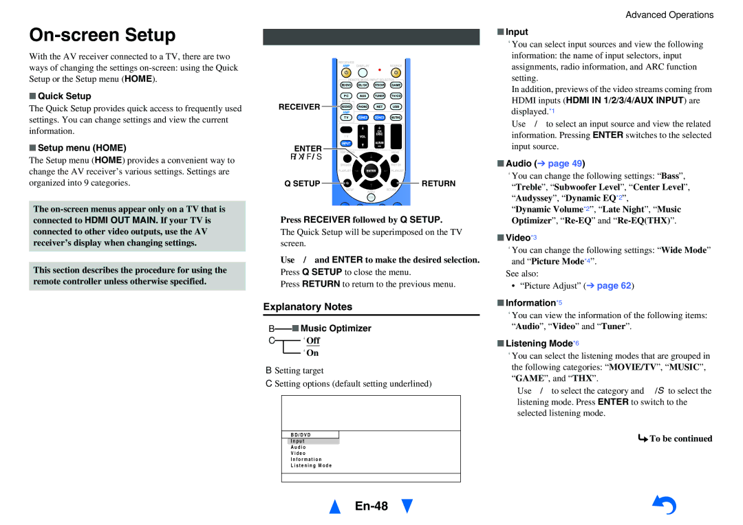 Onkyo TX-NR717 instruction manual On-screen Setup, En-48, Using the Quick Setup, Explanatory Notes 