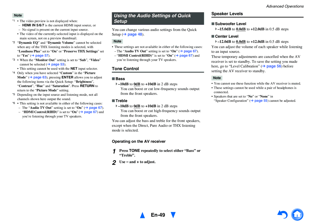 Onkyo TX-NR717 instruction manual En-49, Using the Audio Settings of Quick Setup, Tone Control, Speaker Levels 