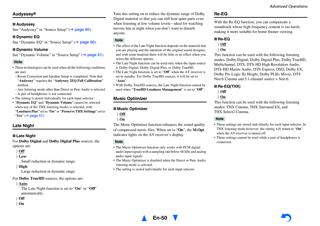 Onkyo TX-NR717 instruction manual En-50, Audyssey, Late Night, Music Optimizer, Re-EQ 