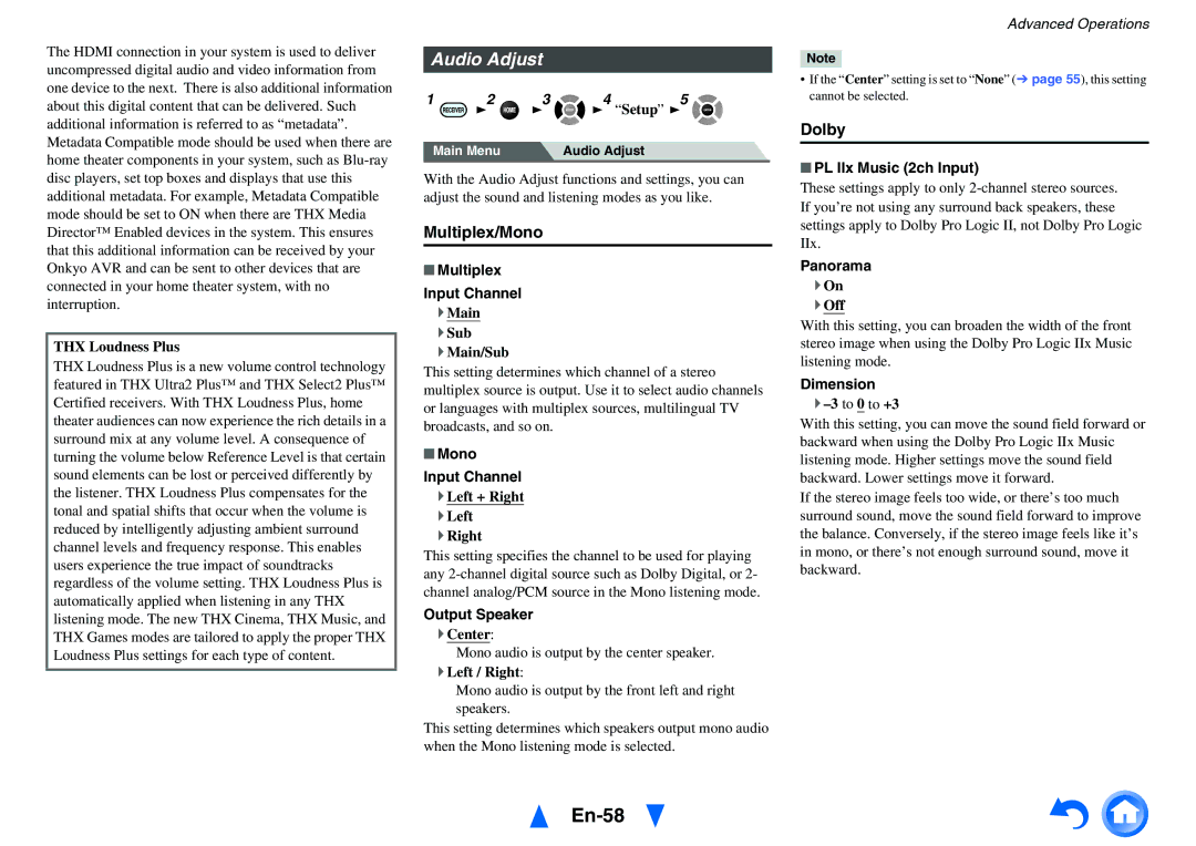 Onkyo TX-NR717 instruction manual En-58, Audio Adjust, Multiplex/Mono, Dolby 