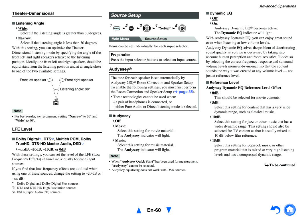 Onkyo TX-NR717 instruction manual En-60, Source Setup, Theater-Dimensional, LFE Level 