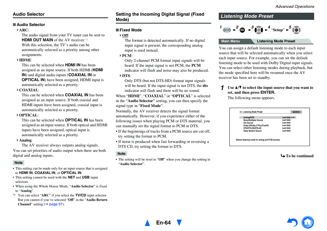 Onkyo TX-NR717 En-64, Listening Mode Preset, Audio Selector, Setting the Incoming Digital Signal Fixed Mode 
