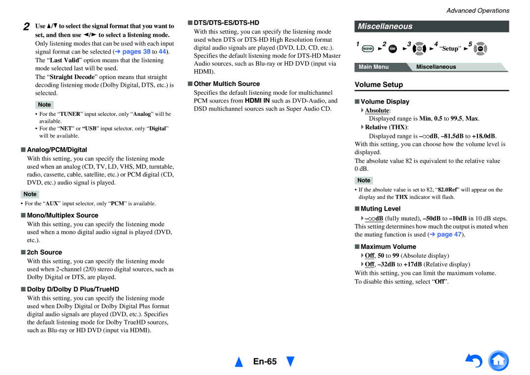 Onkyo TX-NR717 instruction manual En-65, Miscellaneous, Volume Setup, Dts/Dts-Es/Dts-Hd 