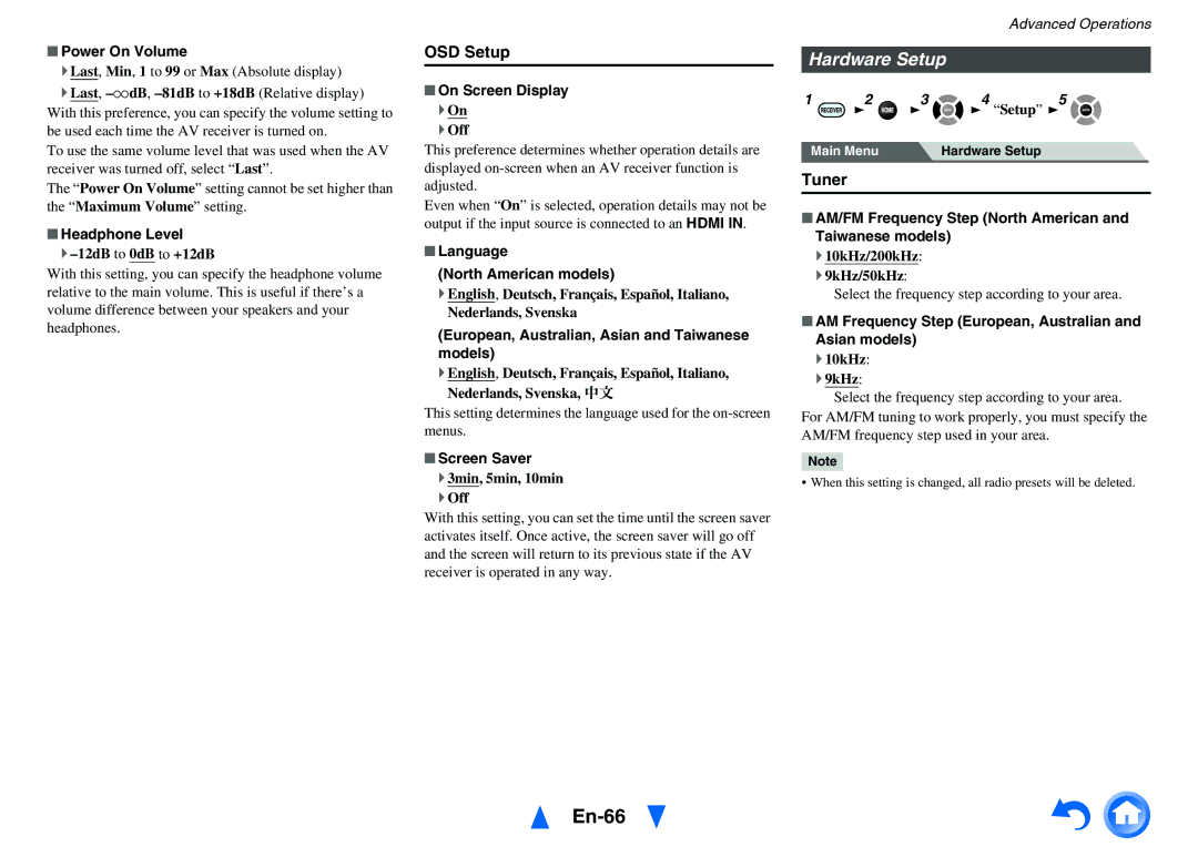 Onkyo TX-NR717 instruction manual En-66, Hardware Setup, OSD Setup, Tuner 