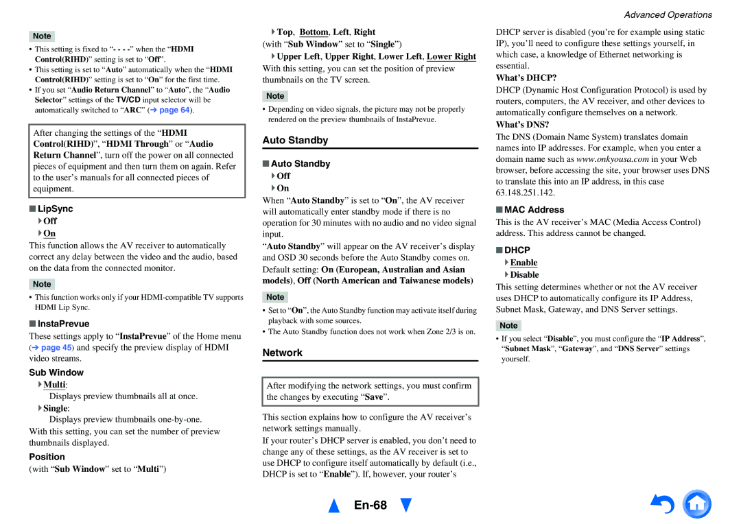 Onkyo TX-NR717 instruction manual En-68, Auto Standby, Network, Dhcp 