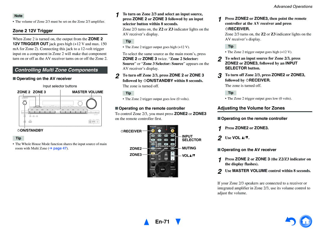 Onkyo TX-NR717 En-71, Controlling Multi Zone Components, Zone 2 12V Trigger, Adjusting the Volume for Zones, 8RECEIVER 