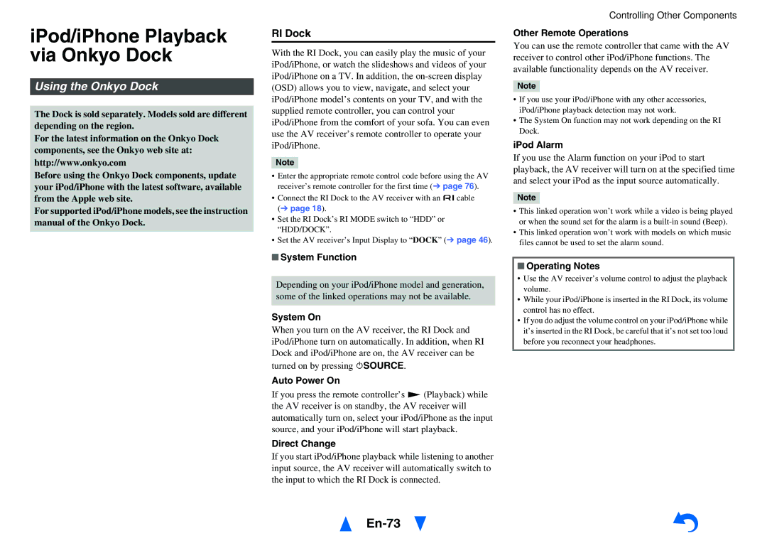 Onkyo TX-NR717 instruction manual IPod/iPhone Playback via Onkyo Dock, En-73, Using the Onkyo Dock, RI Dock 