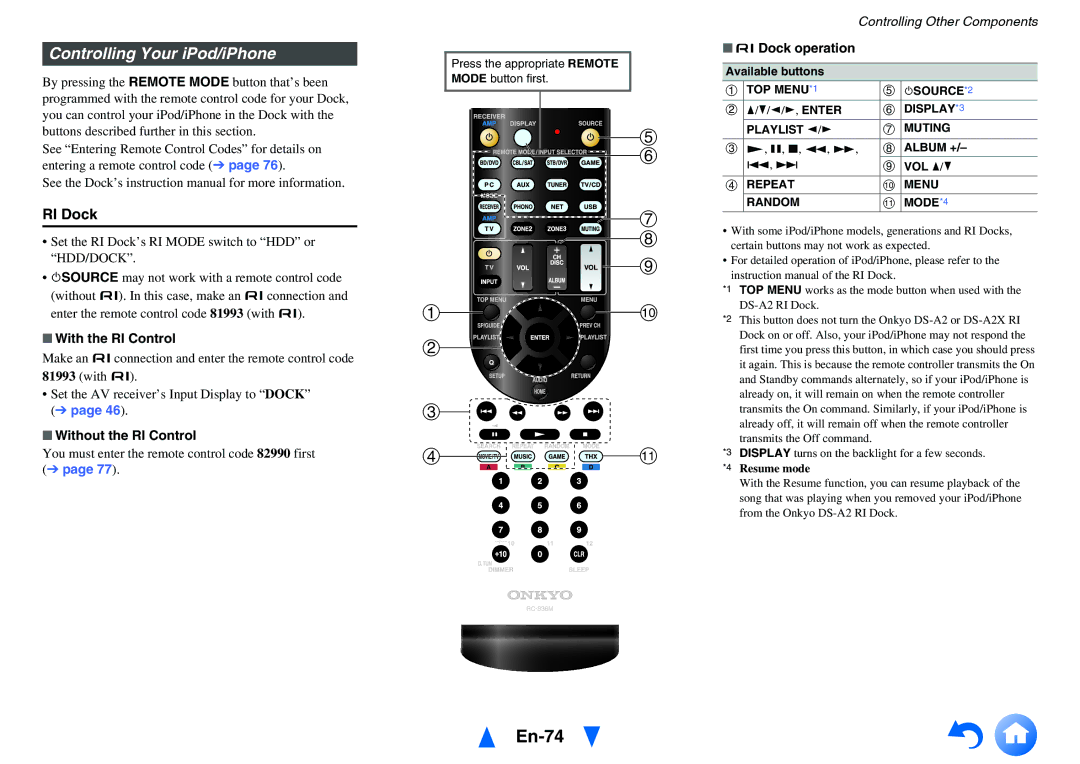 Onkyo TX-NR717 En-74, Controlling Your iPod/iPhone, With the RI Control, Without the RI Control, UDock operation 