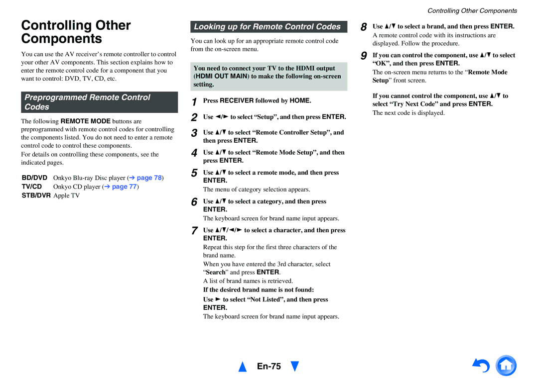 Onkyo TX-NR717 instruction manual Controlling Other Components, En-75, Preprogrammed Remote Control Codes, STB/DVR Apple TV 