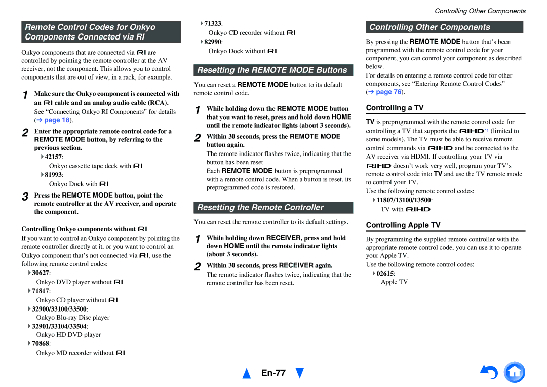 Onkyo TX-NR717 En-77, Remote Control Codes for Onkyo Components Connected via RI, Resetting the Remote Mode Buttons 