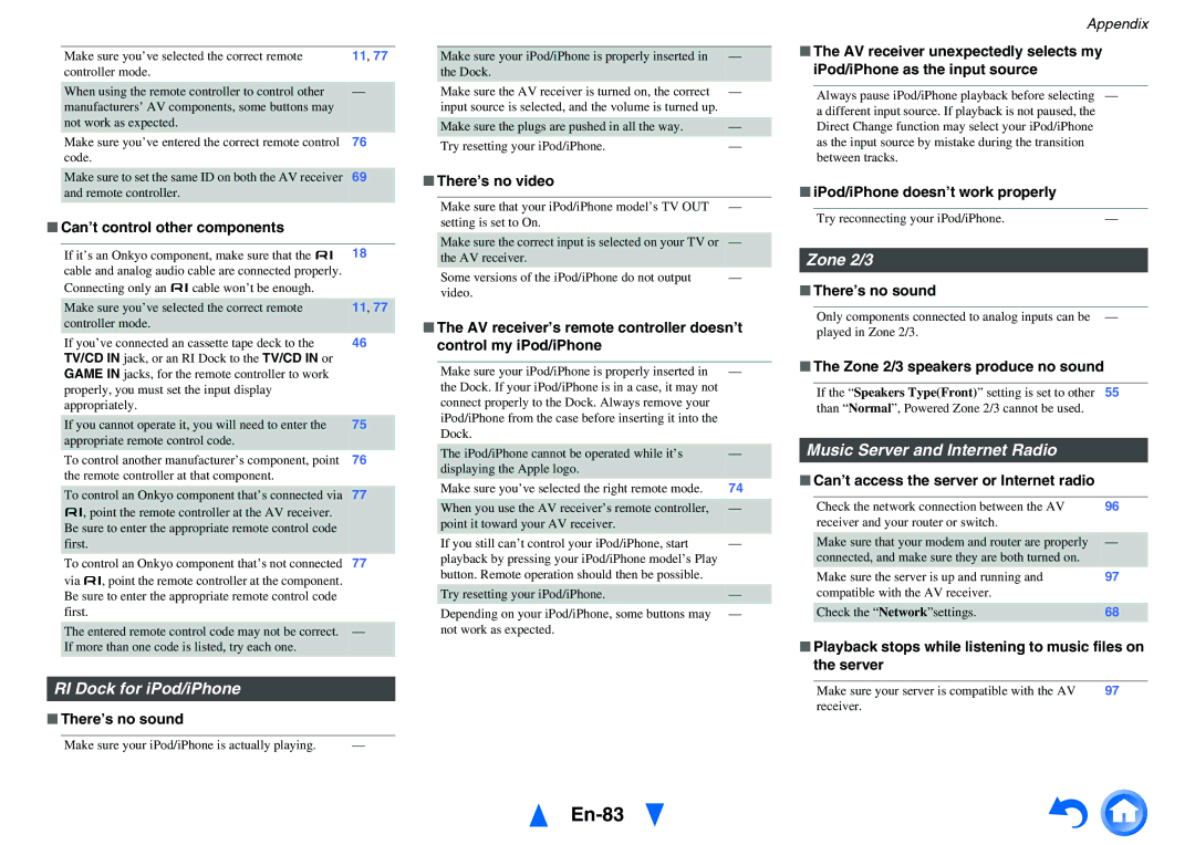 Onkyo TX-NR717 instruction manual En-83, Zone 2/3, Music Server and Internet Radio, RI Dock for iPod/iPhone 