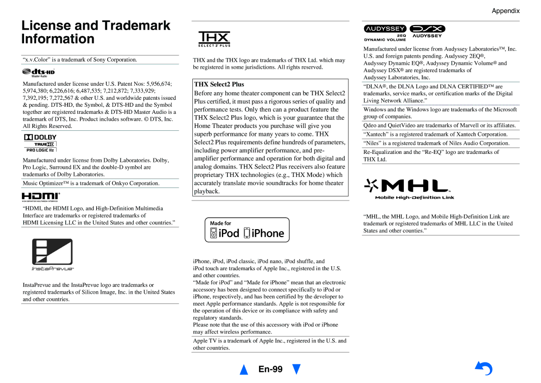 Onkyo TX-NR717 License and Trademark Information, En-99, THX Select2 Plus, Color is a trademark of Sony Corporation 