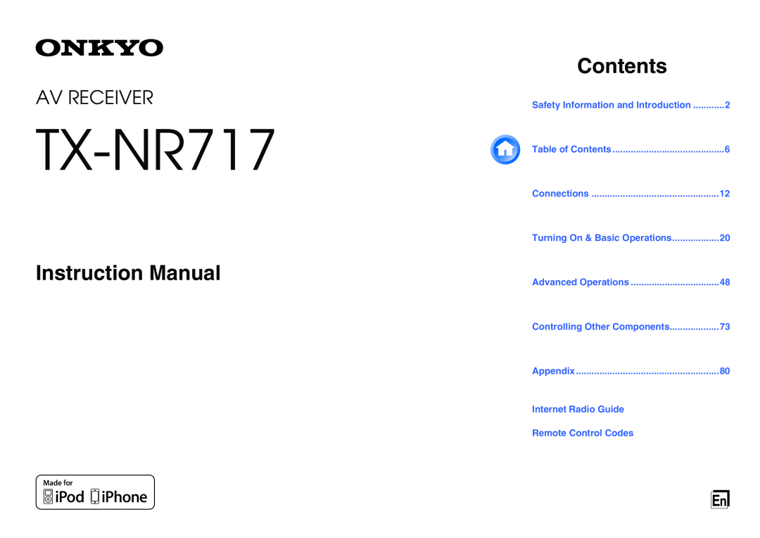 Onkyo TX-NR717 instruction manual Instruction Manual, Contents, Av Receiver 