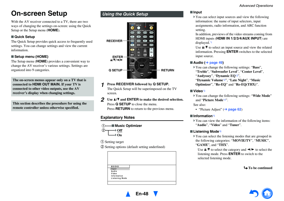 Onkyo TX-NR717 On-screenSetup, En-48, Using the Quick Setup, Setup menu HOME, a Music Optimizer, Advanced Operations 