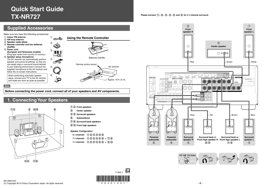 Onkyo TX-NR727 quick start Supplied Accessories, Connecting Your Speakers 