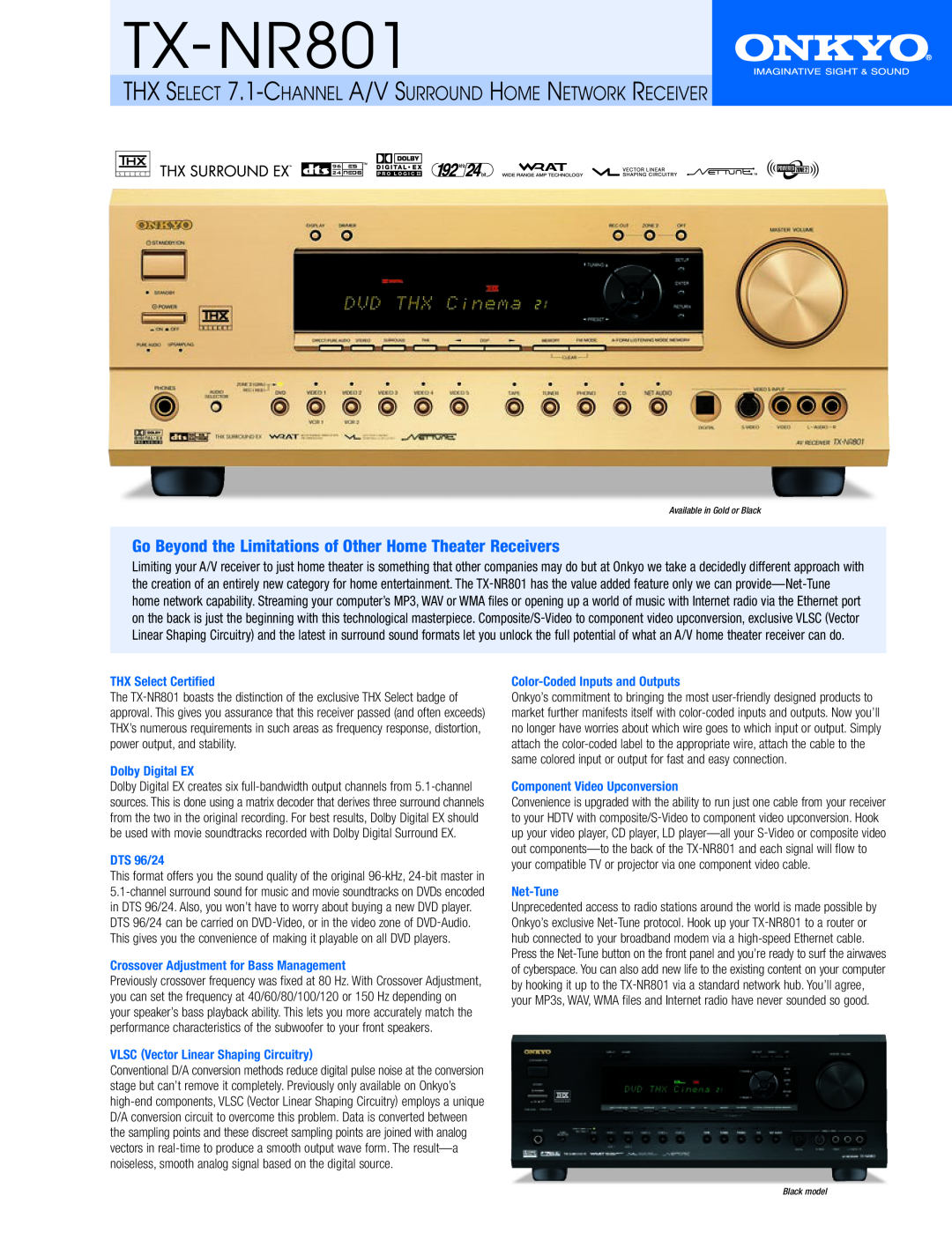 Onkyo TX-NR801 manual THX Select Certified, Dolby Digital EX, DTS 96/24, Crossover Adjustment for Bass Management 