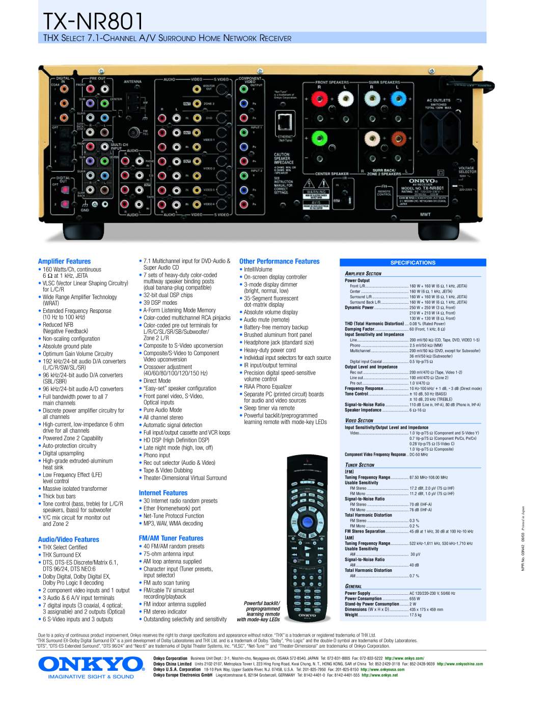 Onkyo TX-NR801 manual Amplifier Features, Audio/Video Features, Internet Features, FM/AM Tuner Features 