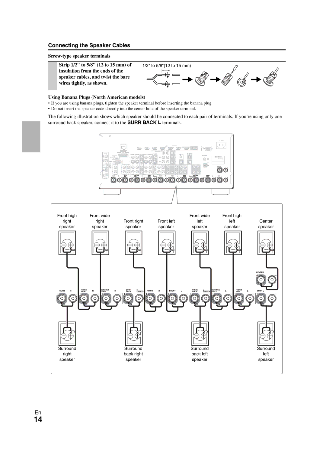 Onkyo TX-NR808 instruction manual Connecting the Speaker Cables, Screw-type speaker terminals Strip 1/2 to 5/8 12 to 15 mm 