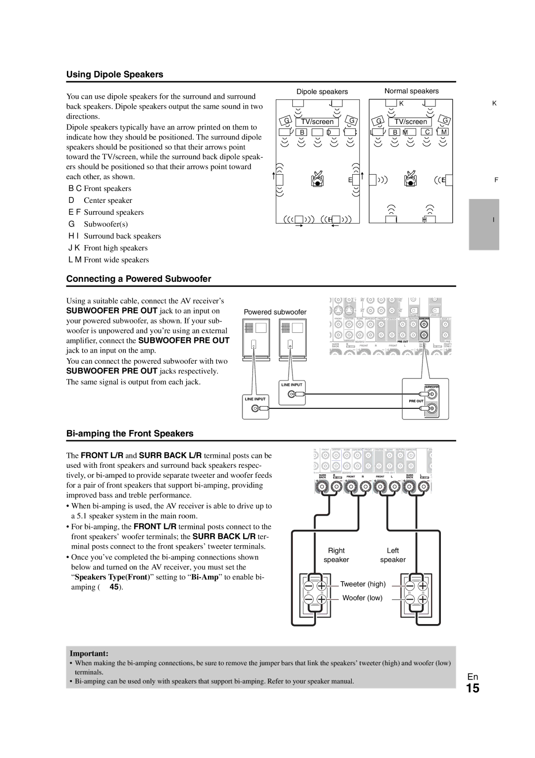 Onkyo TX-NR808 instruction manual Using Dipole Speakers, Connecting a Powered Subwoofer, Bi-amping the Front Speakers 