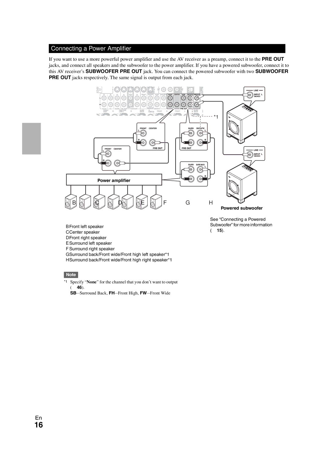 Onkyo TX-NR808 instruction manual Connecting a Power Amplifier, Power amplifier, Powered subwoofer 