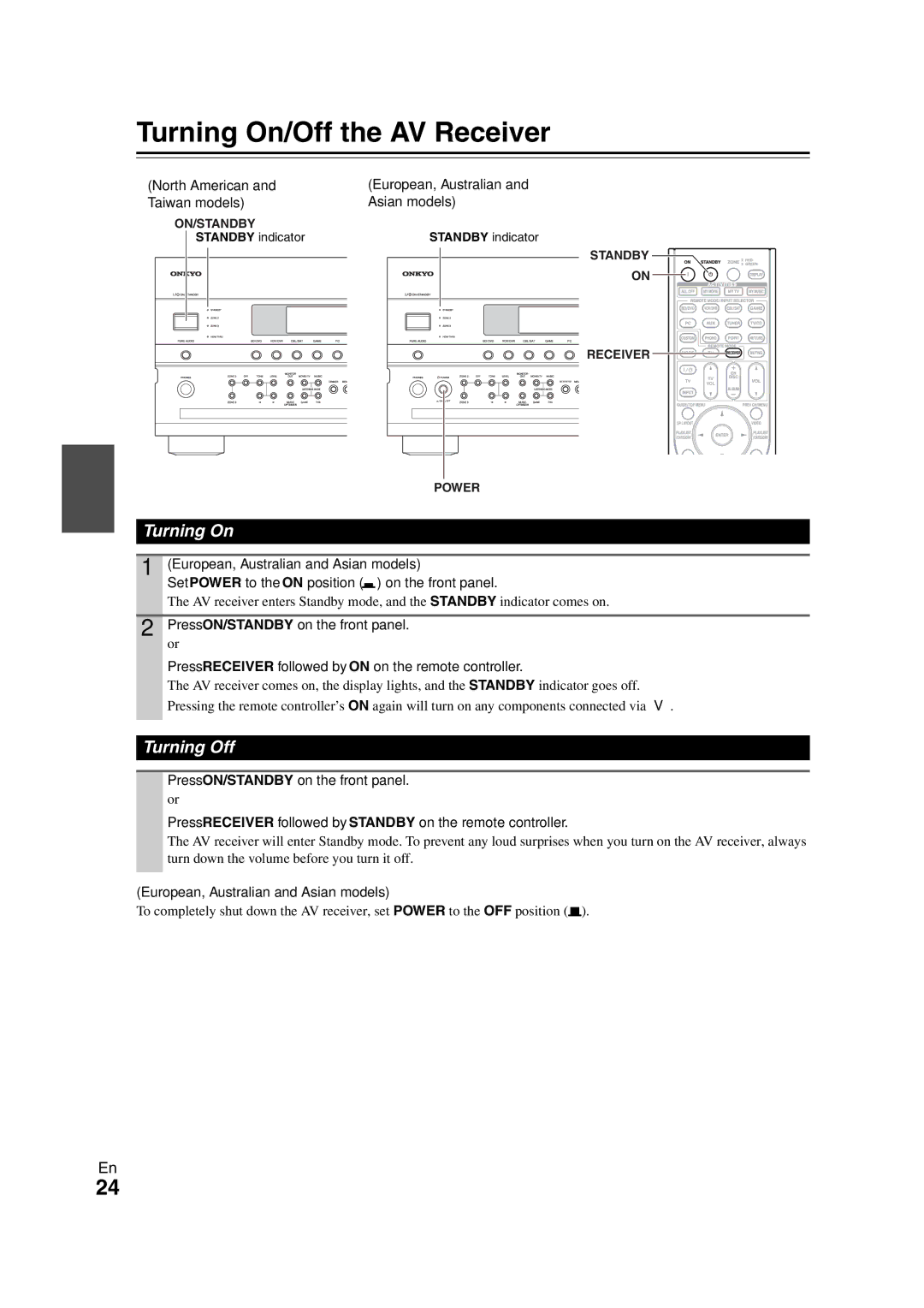 Onkyo TX-NR808 instruction manual Turning On/Off the AV Receiver, Turning Off, Standby indicator 