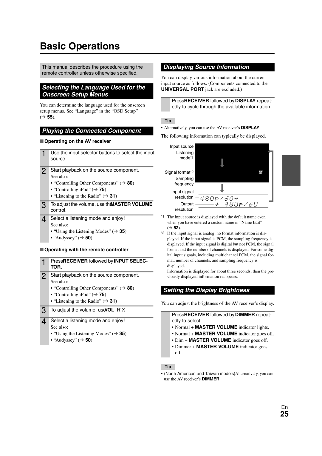 Onkyo TX-NR808 Basic Operations, Selecting the Language Used for the Onscreen Setup Menus, Playing the Connected Component 