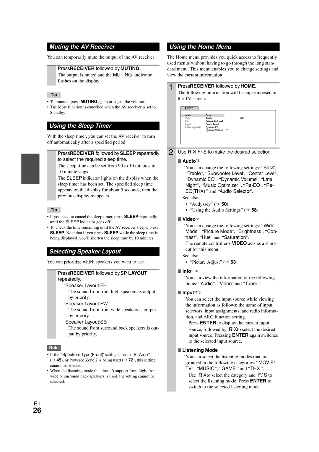 Onkyo TX-NR808 Muting the AV Receiver Using the Home Menu, Using the Sleep Timer, Selecting Speaker Layout 