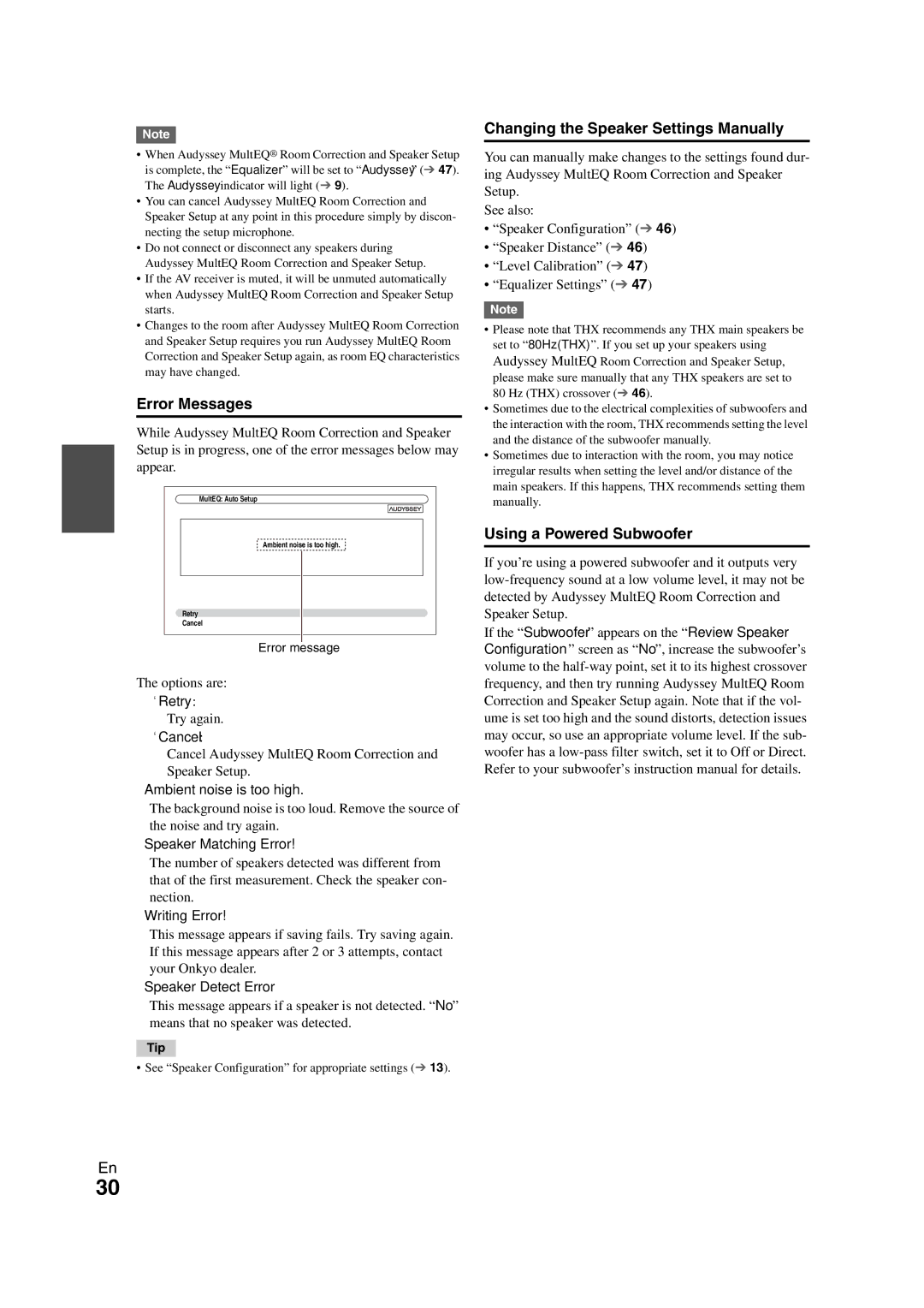 Onkyo TX-NR808 instruction manual Error Messages, Changing the Speaker Settings Manually, Using a Powered Subwoofer 