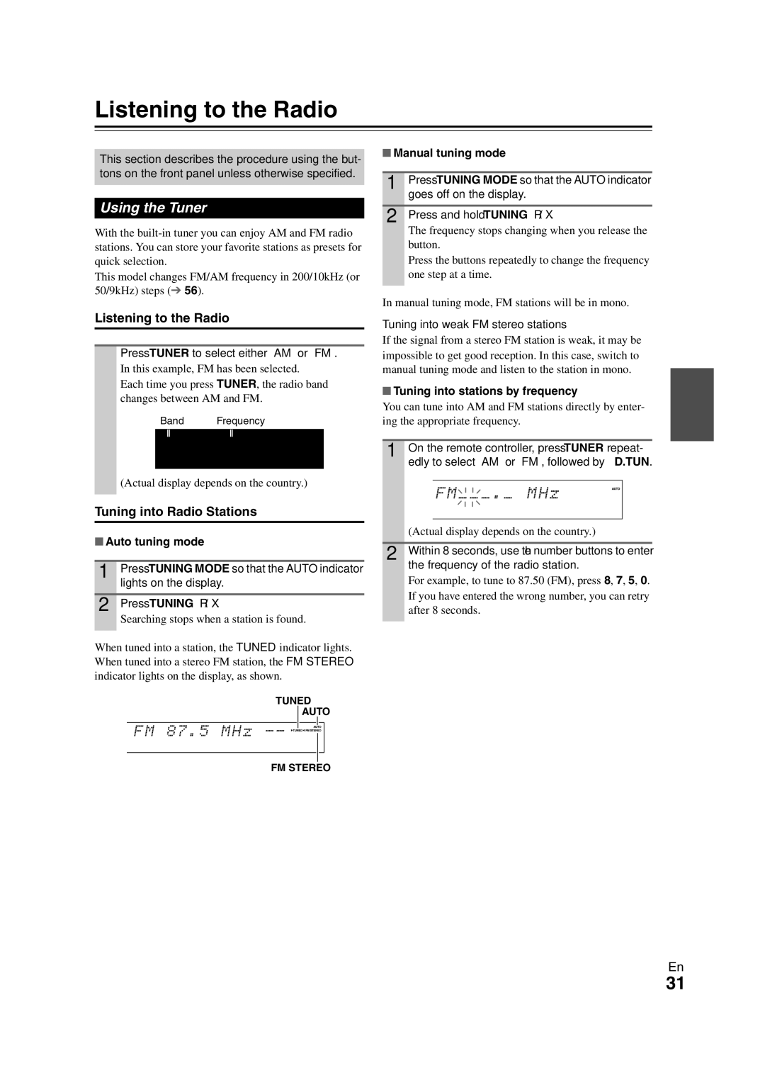 Onkyo TX-NR808 instruction manual Listening to the Radio, Using the Tuner, Tuning into Radio Stations 