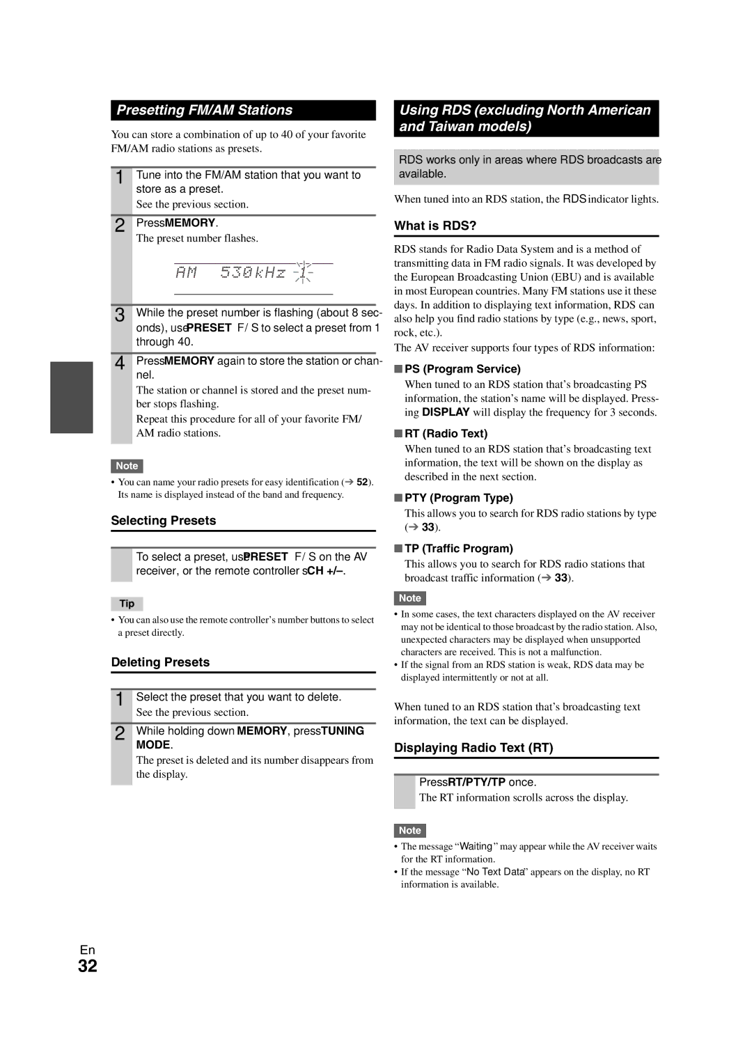 Onkyo TX-NR808 instruction manual Presetting FM/AM Stations, Using RDS excluding North American and Taiwan models 