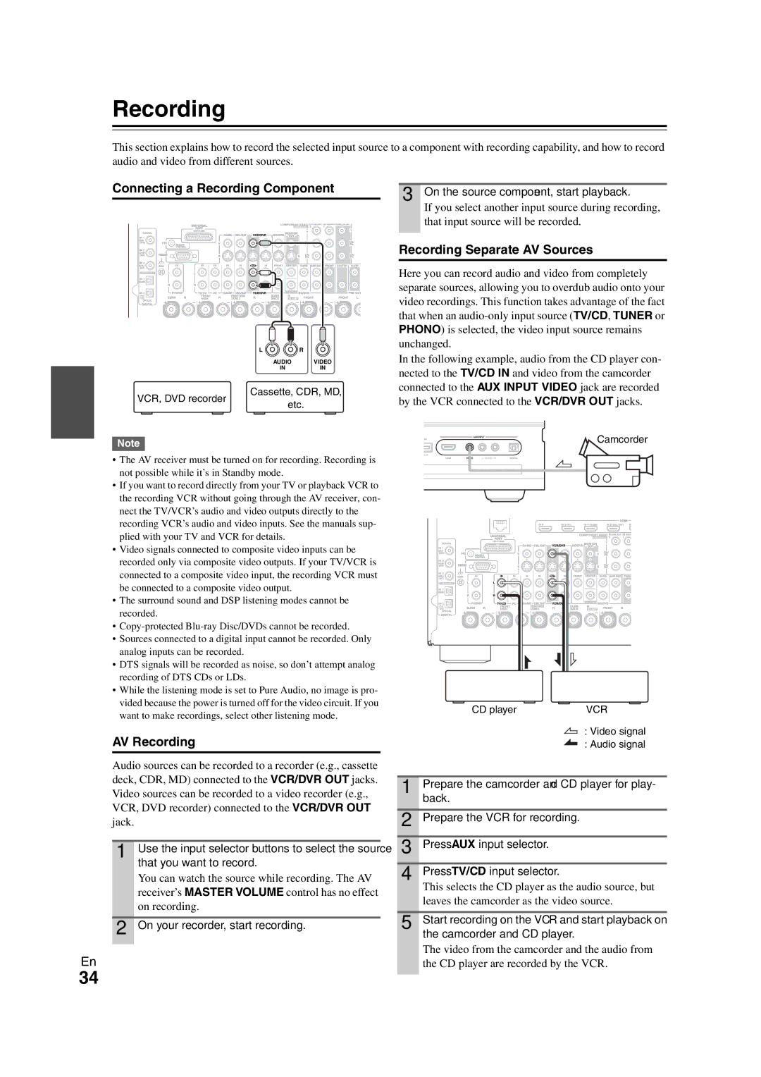 Onkyo TX-NR808 instruction manual Connecting a Recording Component, Recording Separate AV Sources, AV Recording 