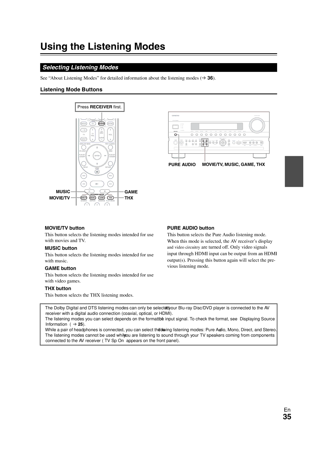 Onkyo TX-NR808 instruction manual Using the Listening Modes, Selecting Listening Modes, Listening Mode Buttons 