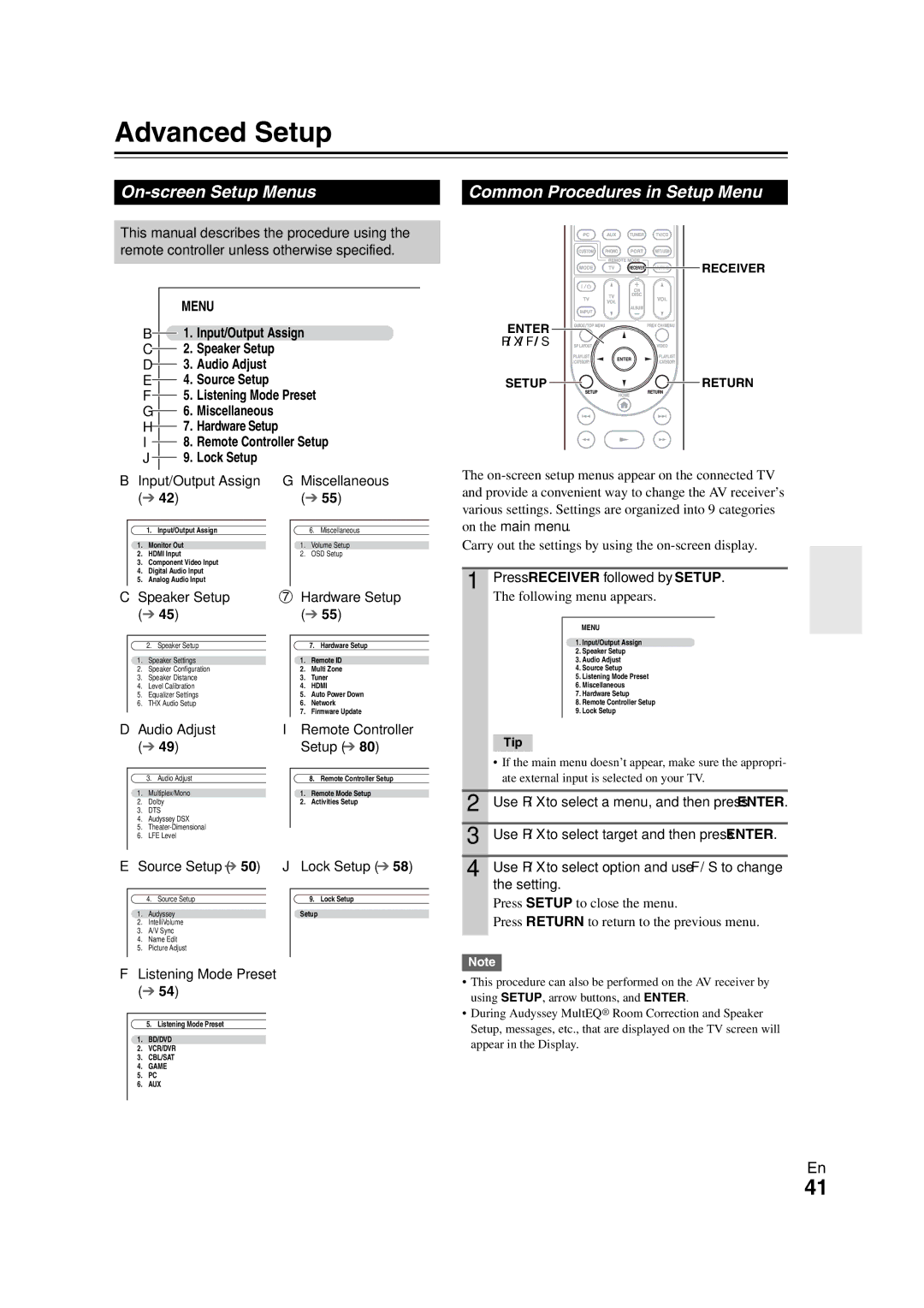 Onkyo TX-NR808 instruction manual Advanced Setup, On-screen Setup Menus, Common Procedures in Setup Menu 