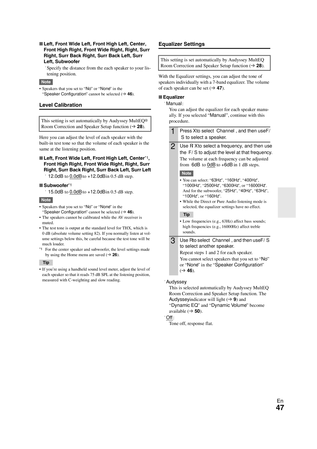 Onkyo TX-NR808 instruction manual Level Calibration, Equalizer Settings, Subwoofer*1 