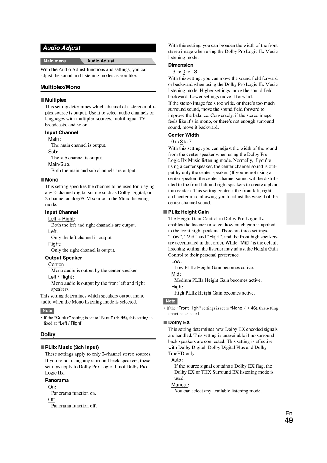 Onkyo TX-NR808 instruction manual Audio Adjust, Multiplex/Mono, Dolby 