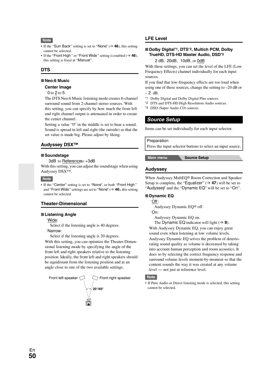 Onkyo TX-NR808 instruction manual Source Setup, Audyssey DSX, Theater-Dimensional, LFE Level 