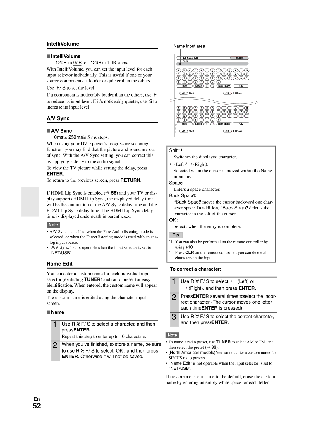 Onkyo TX-NR808 instruction manual IntelliVolume, Sync, Name Edit 